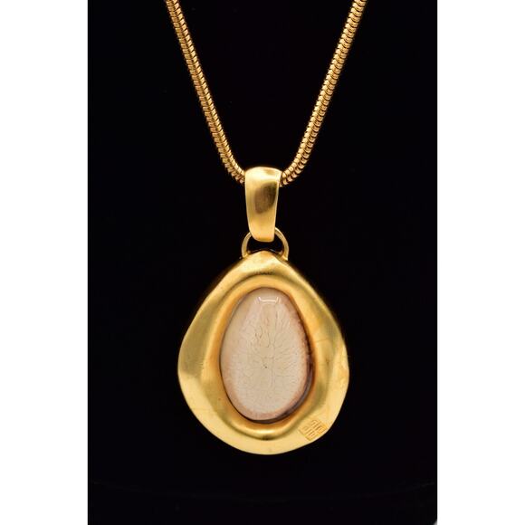 Givenchy Vintage Logo Cabochon Pendant Necklace Brushed Gold Signed 1980s BinBJ